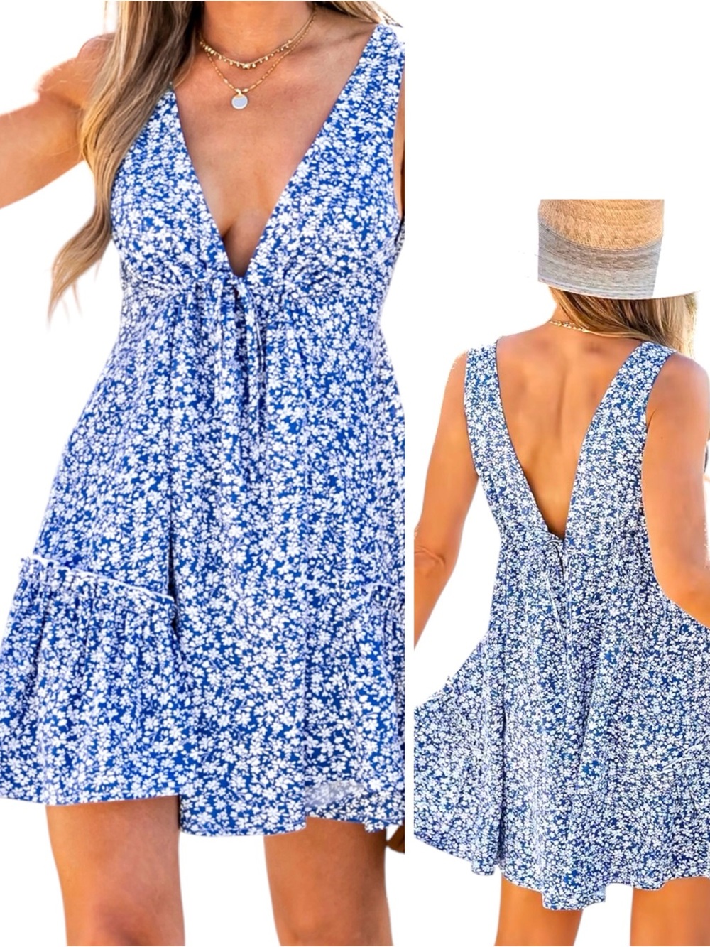 CUPSHE Tiered Ruffle Deep V & Back Blue Floral Tie-Front Sundress Mini Dress - Picture 1 of 14